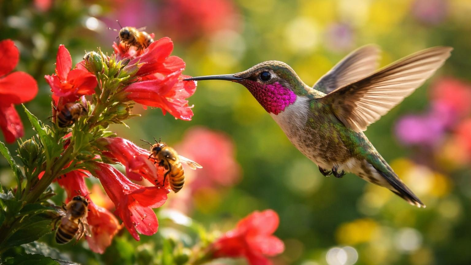 Un colibri aux ailes iridescentes en vol près d'une fleur rose, butinant le nectar fermenté