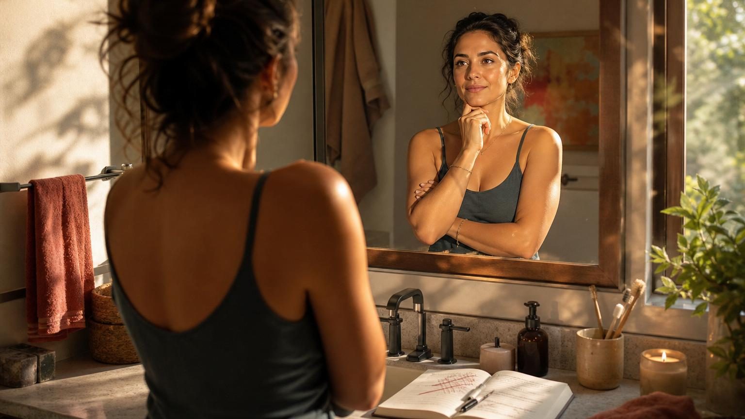 Une femme regarde son reflet dans un miroir avec une expression confiante et sereine, symbolisant l'auto-affirmation positive.