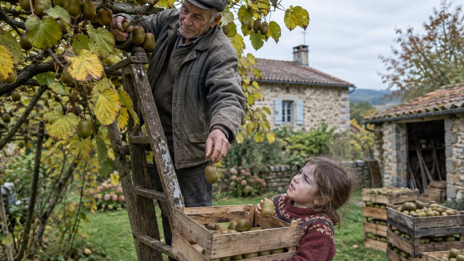 Grand-père en veste trop large remplissant des cagettes de kiwis fermes et verts sur une échelle en bois, au milieu des feuilles humides de rosée, fin octobre dans un jardin d'automne.