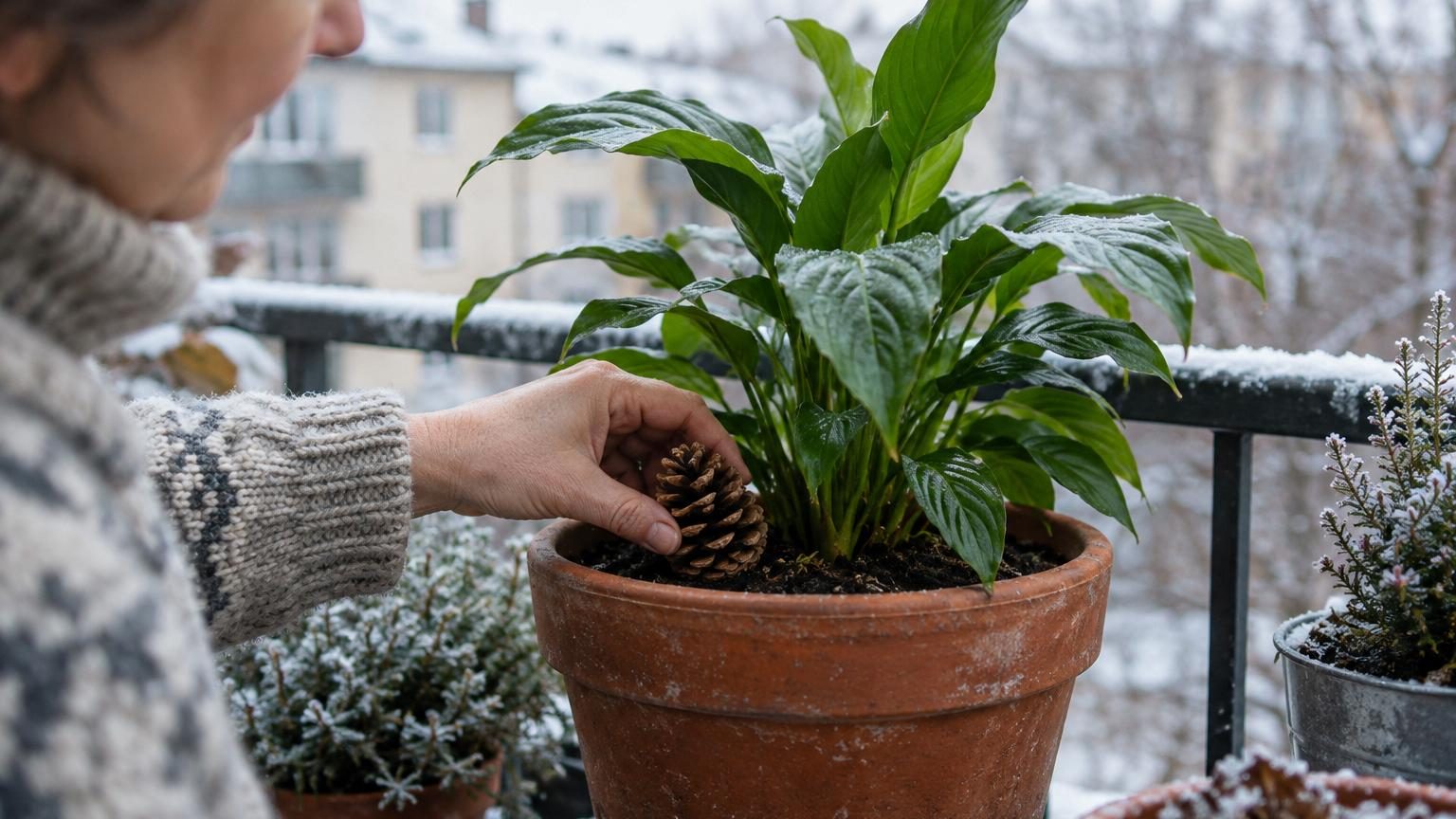 Une pomme de pin sèche aux écailles ouvertes, posée sur de la terre humide dans un pot de plante d'intérieur, avec des feuilles vertes en arrière-plan.