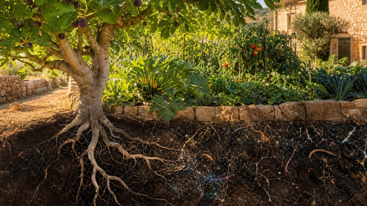 Un vieux jardin de village avec un grand figuier près d'un potager, ses feuilles créant une ombre légère sur des courgettes luxuriantes et une terre fertile.