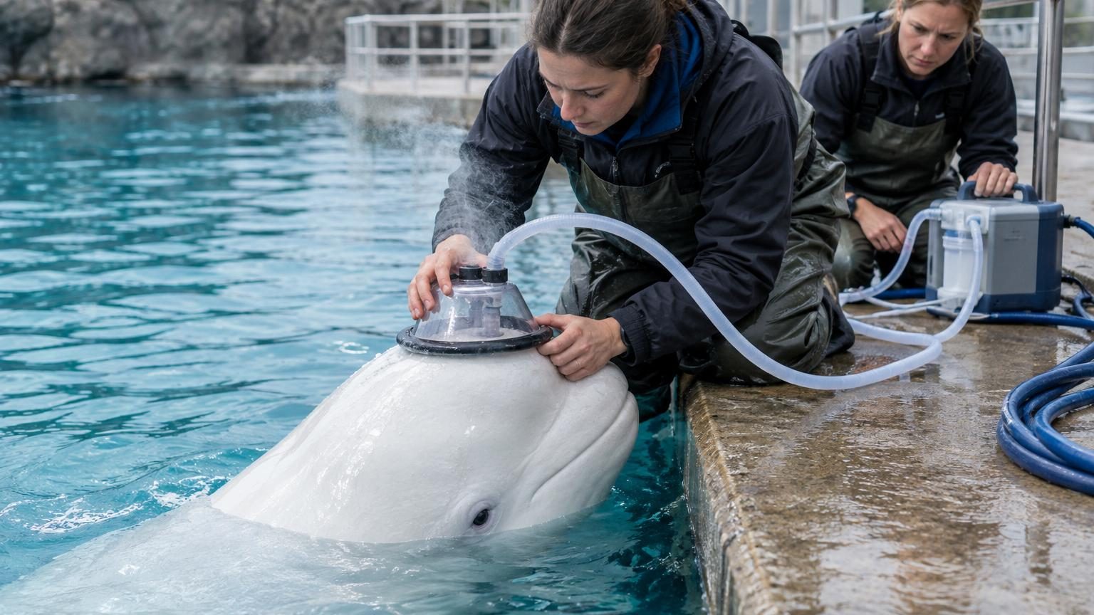 Une baleine béluga, vue de profil dans l'eau, recevant le traitement innovant via un nébuliseur spécialisé adapté à son évent respiratoire