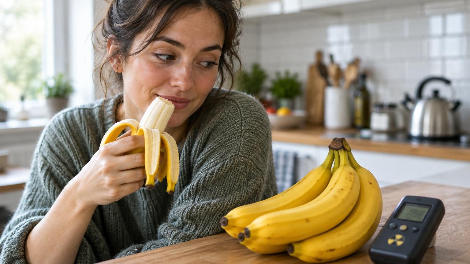 Une banane jaune entière posée sur un fond blanc, symbole de la radioactivité naturelle liée au potassium contenu dans le fruit.