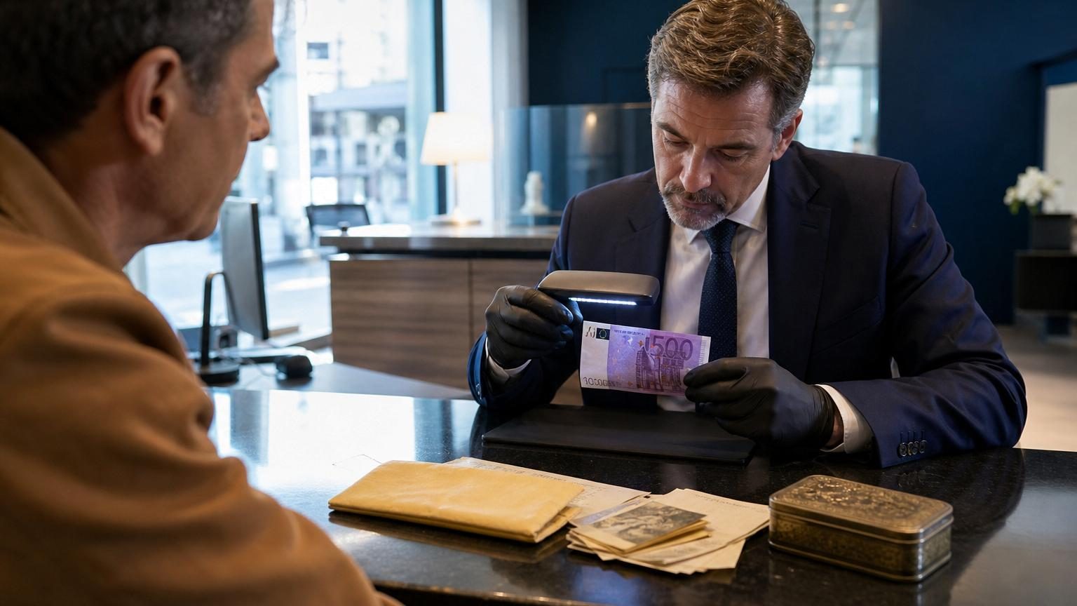 Gros plan sur un billet de 500 euros violet avec le portrait historique, posé sur un bureau entre un livret de famille ancien et des documents jaunis