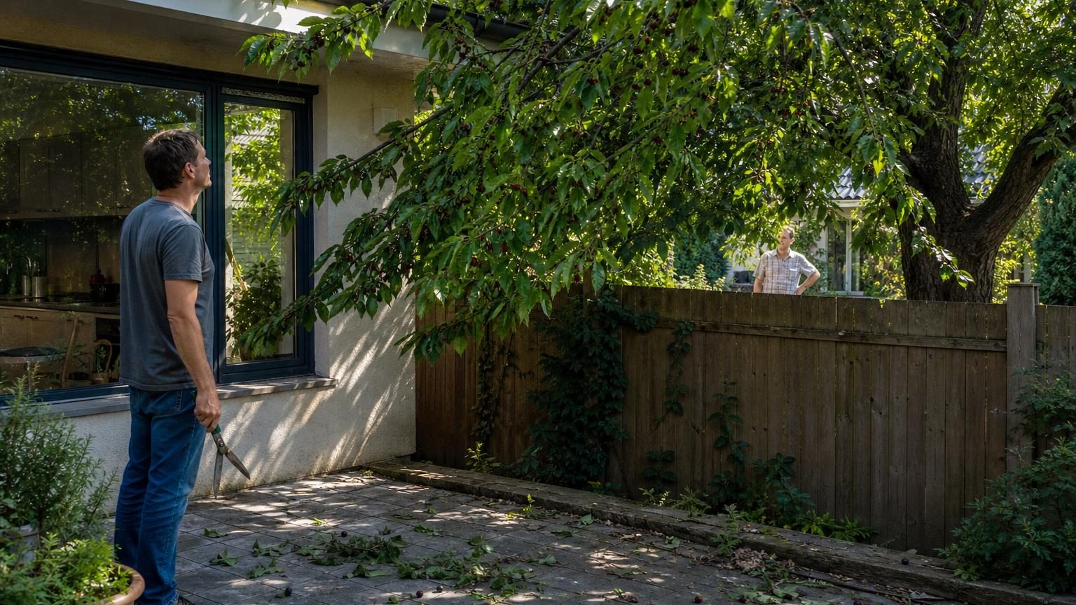 Gros plan sur un sécateur posé contre une branche verte débordant au-dessus d'une clôture de jardin par une matinée ensoleillée.