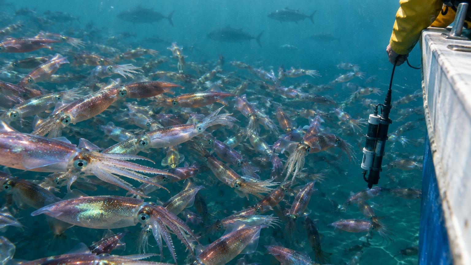 Calamar géant aux bras entrelacés explorant les profondeurs océaniques sombres, symbolisant la prolifération des céphalopodes dans les écosystèmes marins perturbés.