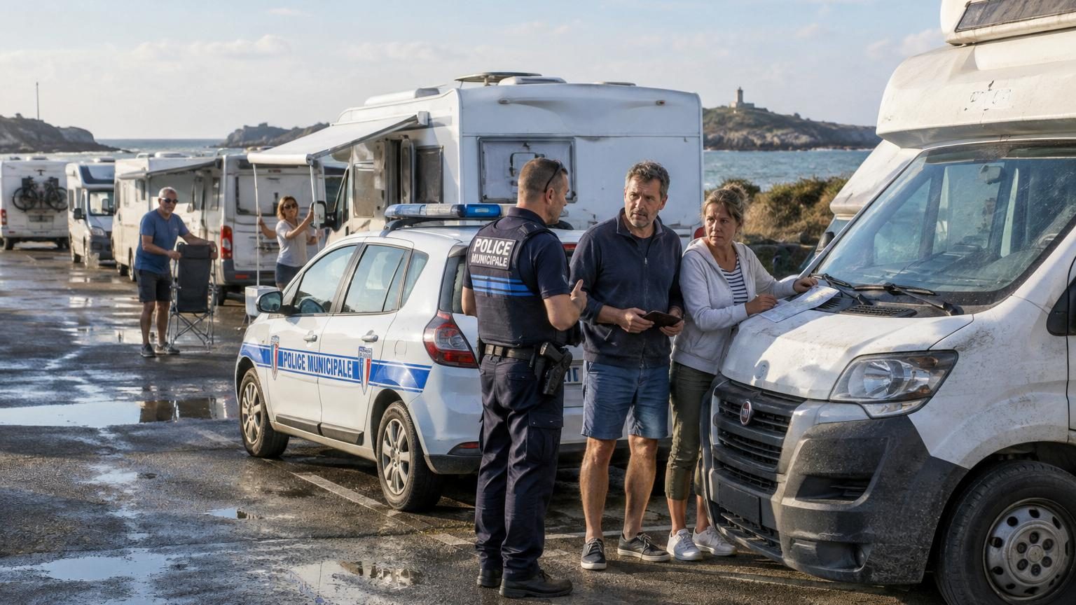 Allée de parking côtier en été avec plusieurs camping-cars stationnés, voiture de police municipale passant lentement entre les véhicules, avec chaises de camping et équipements extérieurs visibles.