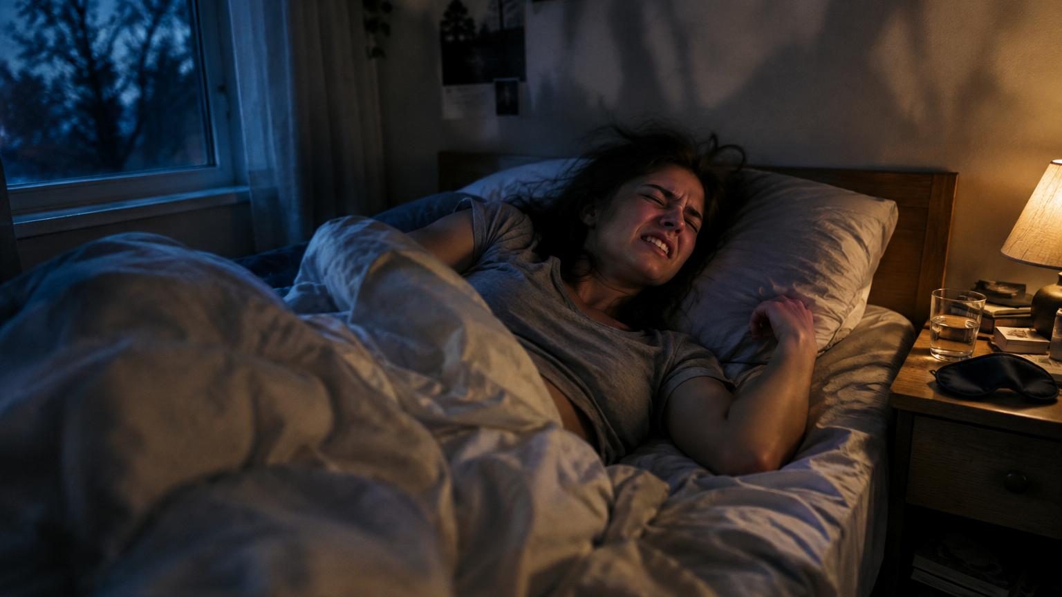 Silhouette d'une personne endormie au lit, avec une figure fantomatique menaçante flottant au-dessus, symbolisant la progression des cauchemars démoniaques.