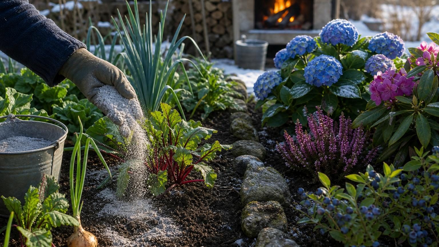Un seau rempli de cendres grises à côté d'un poêle tiède, symbolisant le dilemme du jardinier entre poubelle, compost et jardin.