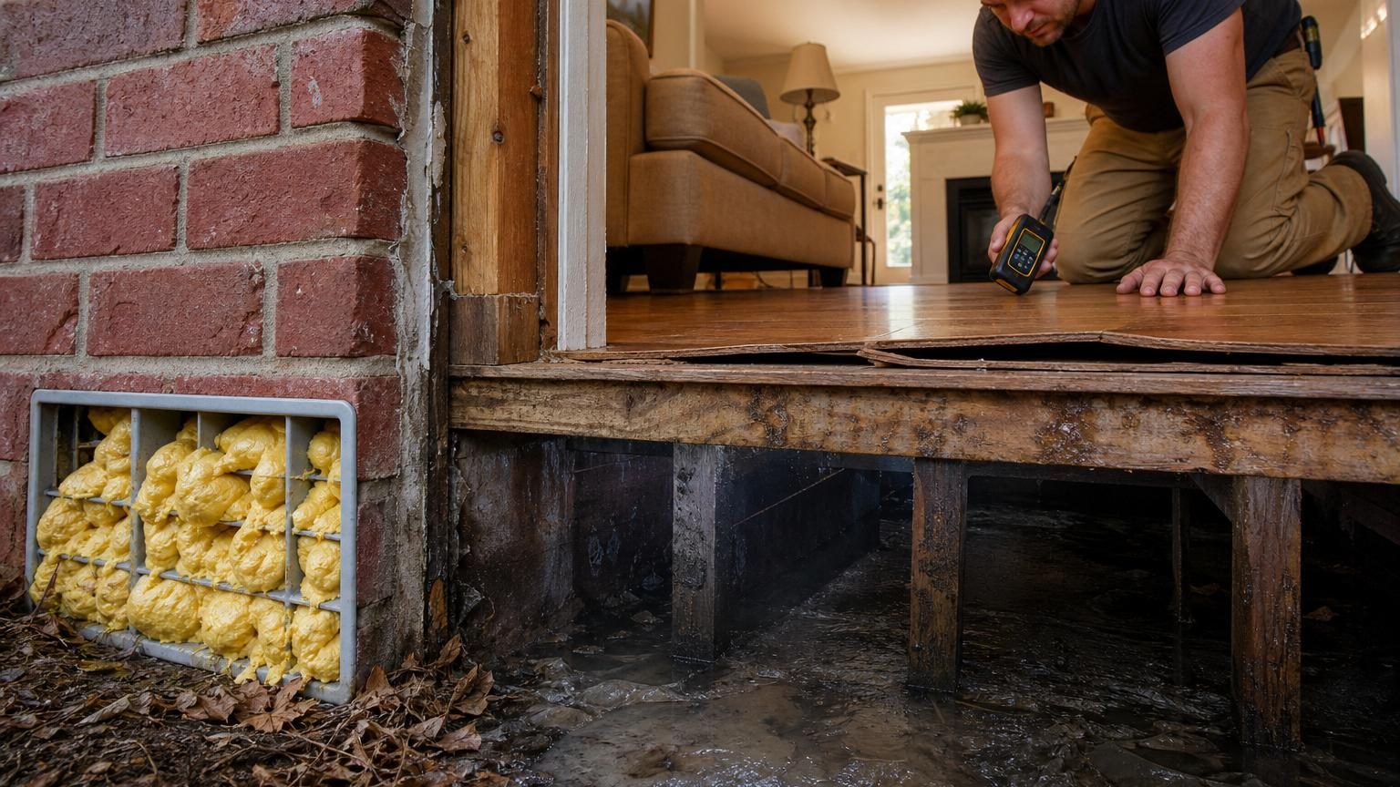 Gros plan sur une aération basse de mur extérieur partiellement obstruée par de la mousse expansive jaunie, illustrant le risque d'accumulation d'humidité sous un plancher.