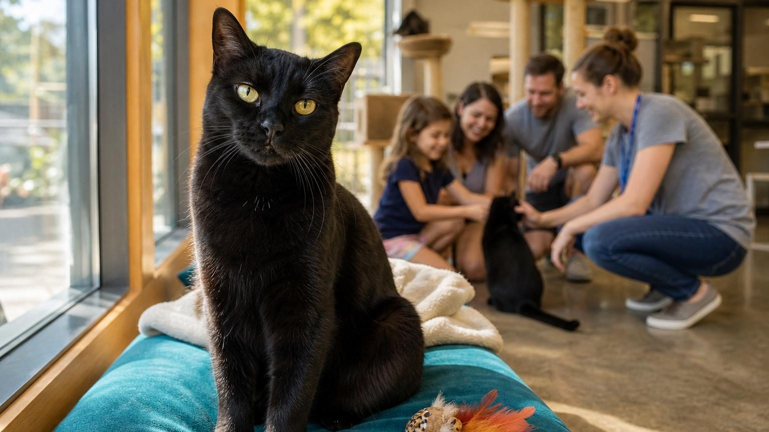 Un chat noir regarde à travers une vitre de son enclos tandis qu'un couple passe devant sans vraiment le remarquer, illustrant le biais d'adoption affectant ces animaux