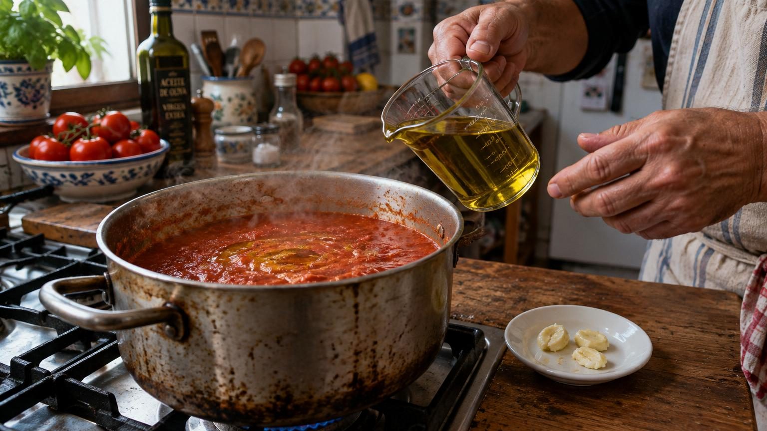 Une cuisine ensoleillée avec trois générations préparant ensemble une sauce tomate, entourées d'huile d'olive, d'ail écrasé et de tomates fraîches mûres, sans sucre visible.
