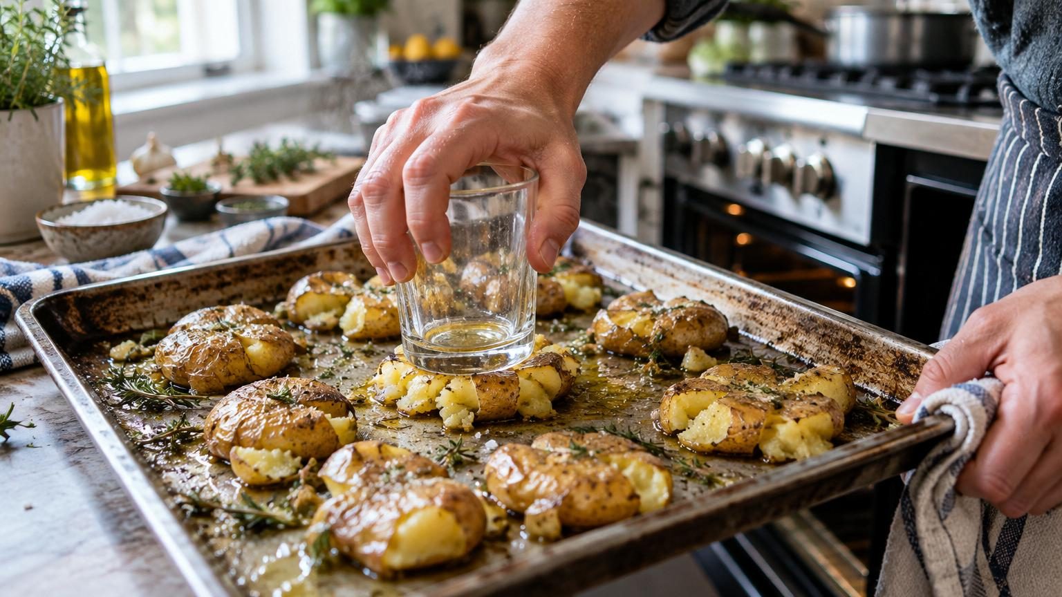 Des pommes de terre écrasées dorées et croustillantes sur une plaque de cuisson, hérissées de reliefs irréguliers, certaines garnies de fromage fondu.