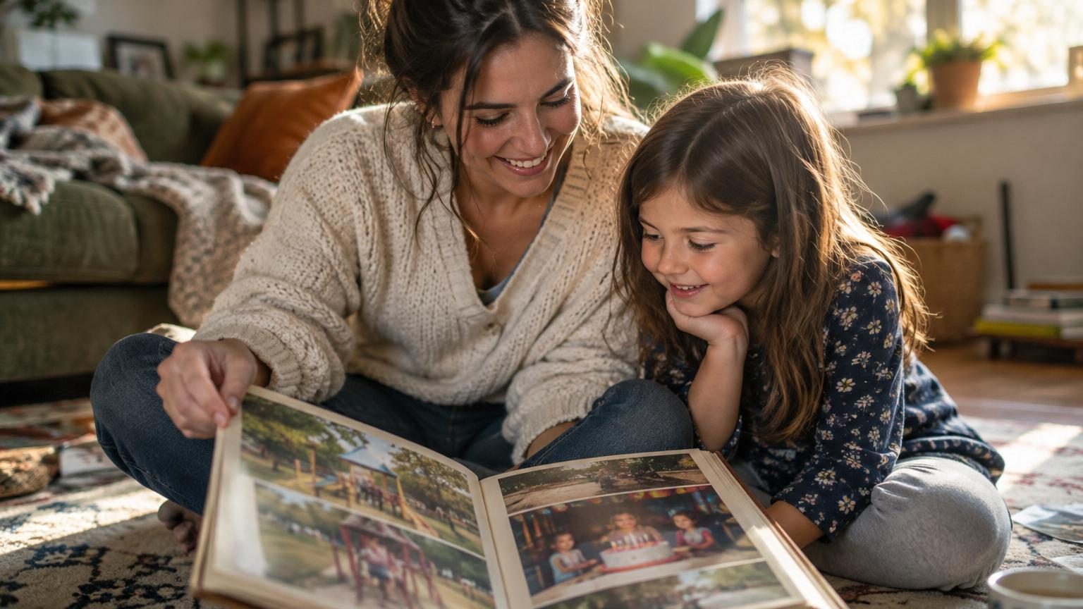 Parent offrant une étreinte chaleureuse et affectueuse à son enfant, illustrant les souvenirs d'affection et de soutien émotionnel de l'enfance.