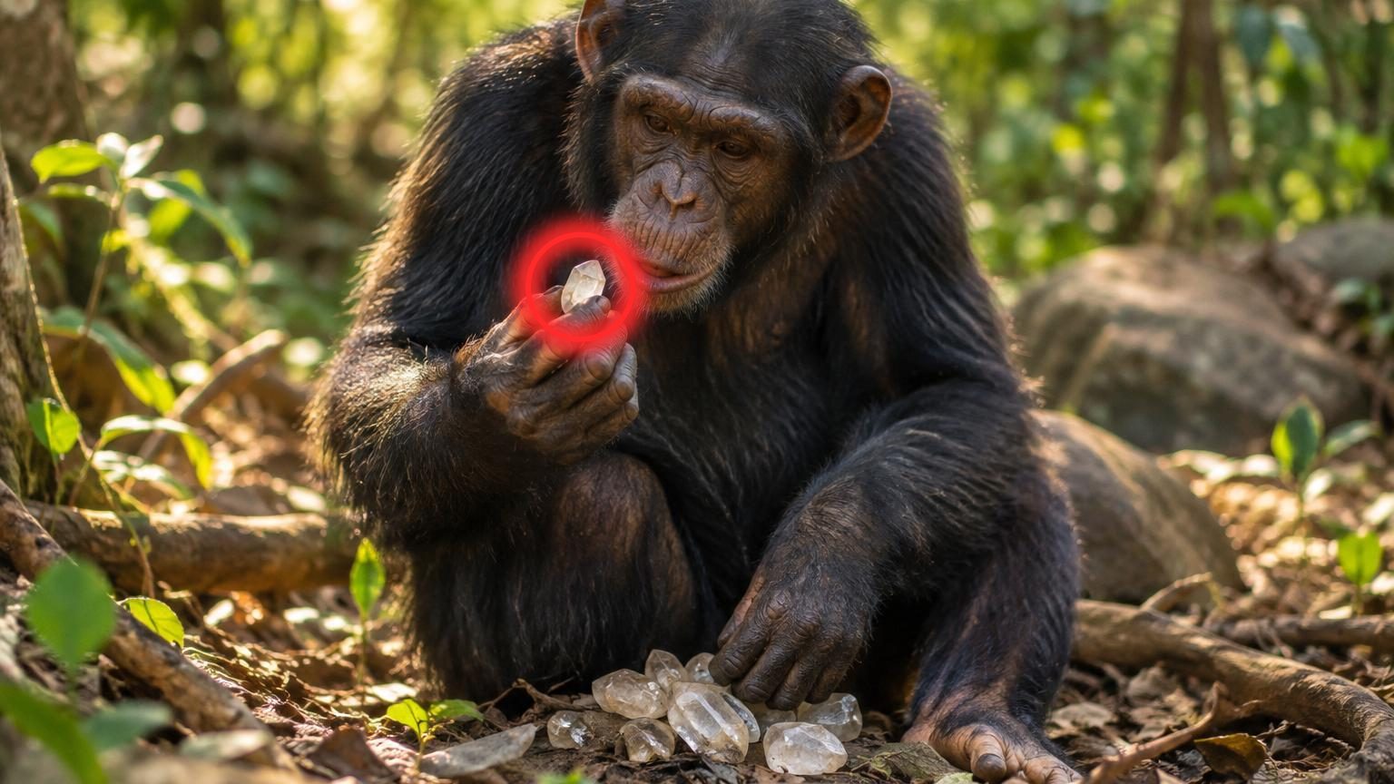 Un chimpanzé en gros plan tient délicatement un cristal de quartz transparent dans ses mains, l'inclinant lentement pour observer les jeux de lumière à travers ses faces géométriques régulières