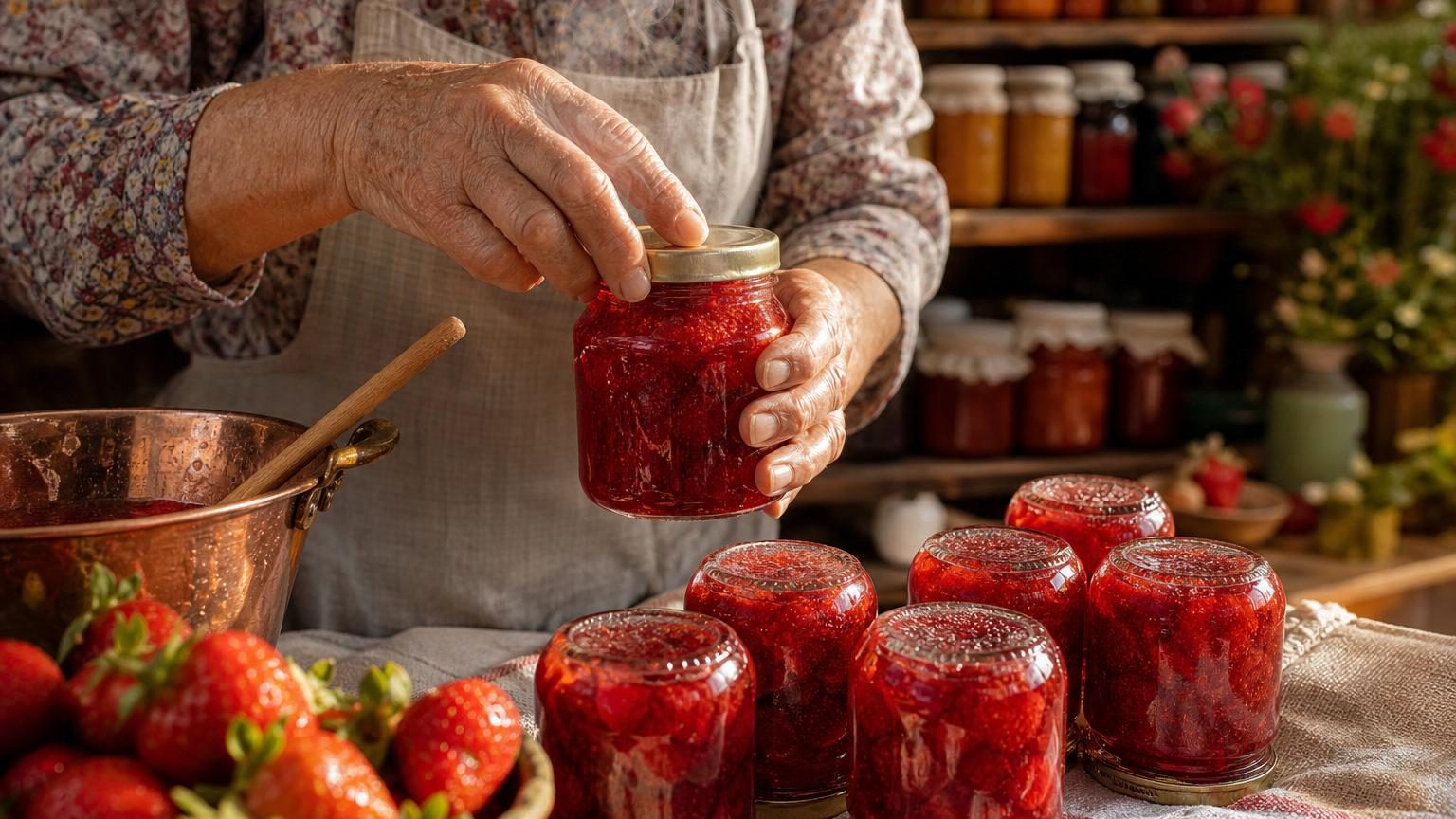 Trois pots de confiture de fraises remplis et fermés alignés sur un torchon de cuisine, symbolisant la préparation traditionnelle pour une conservation prolongée.