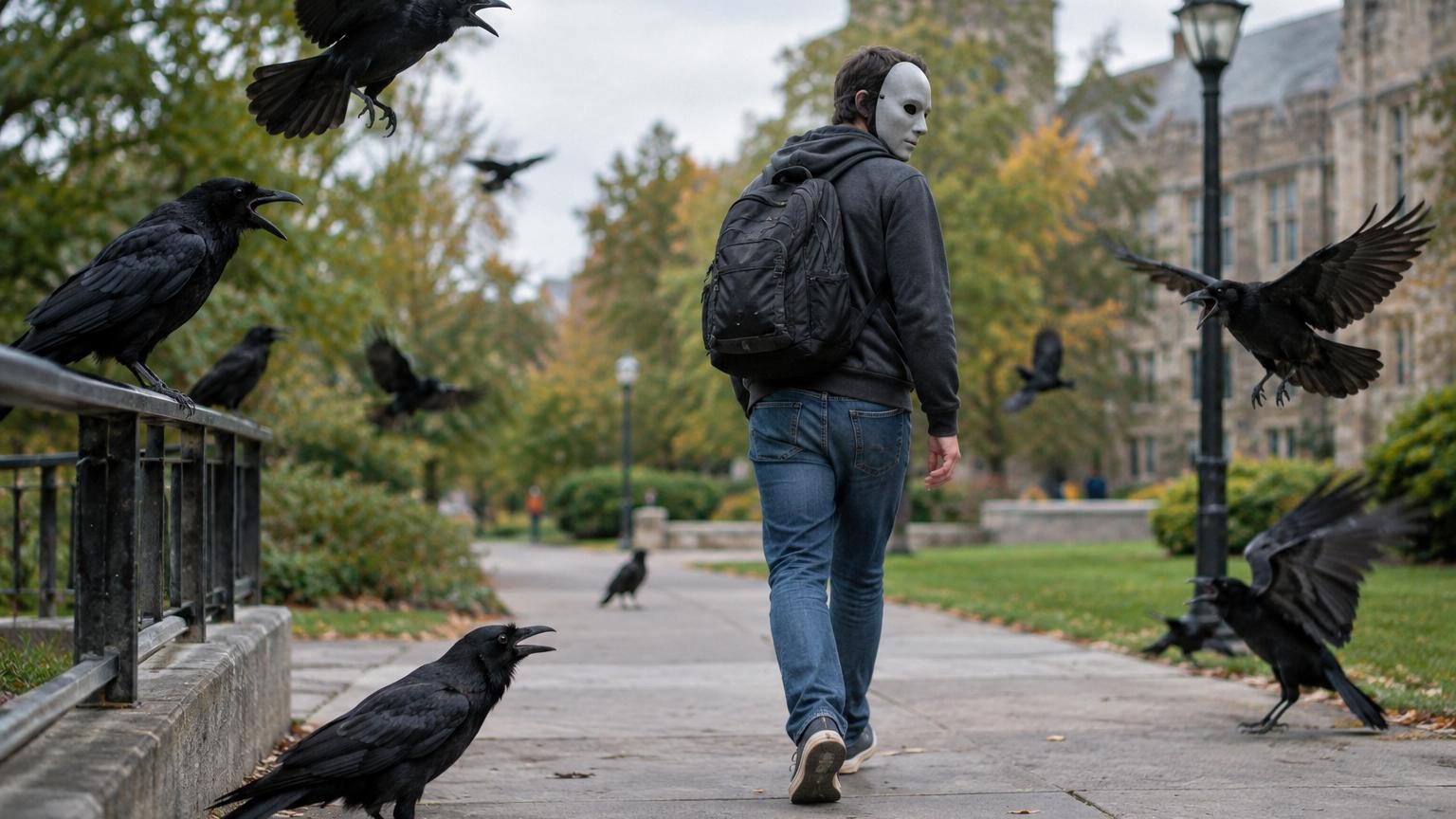 Un corbeau noir perché, se détournant d'une silhouette humaine lointaine en masque de menace, dans un environnement urbain ou de campus.