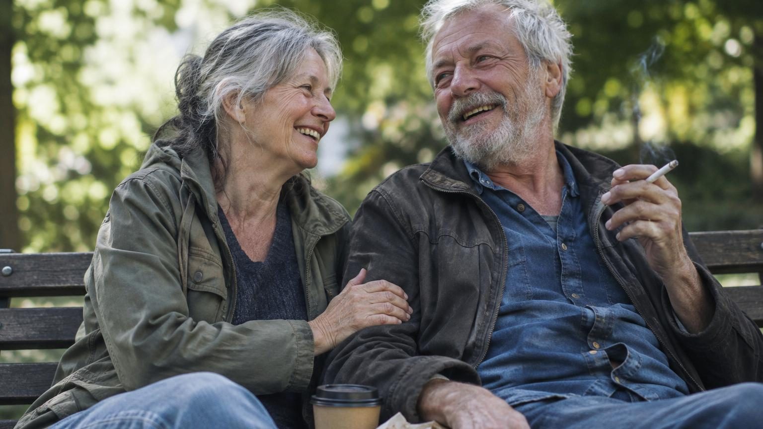 Un couple mature souriant assis ensemble sur un canapé, symbole de satisfaction conjugale, avec des éléments visuels représentant la santé (fruits, chaussures de sport) et les mauvaises habitudes (malbouffe, télévision).