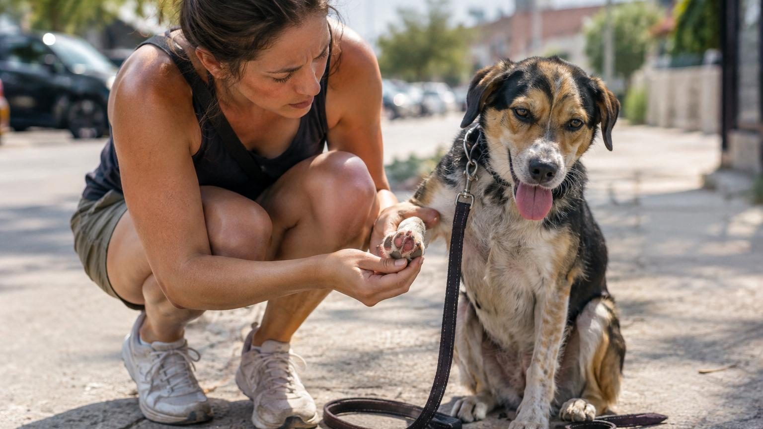 Coussinet de patte de chien rougi et irrité par contact avec une surface chaude, montrant rougeur et gonflement.