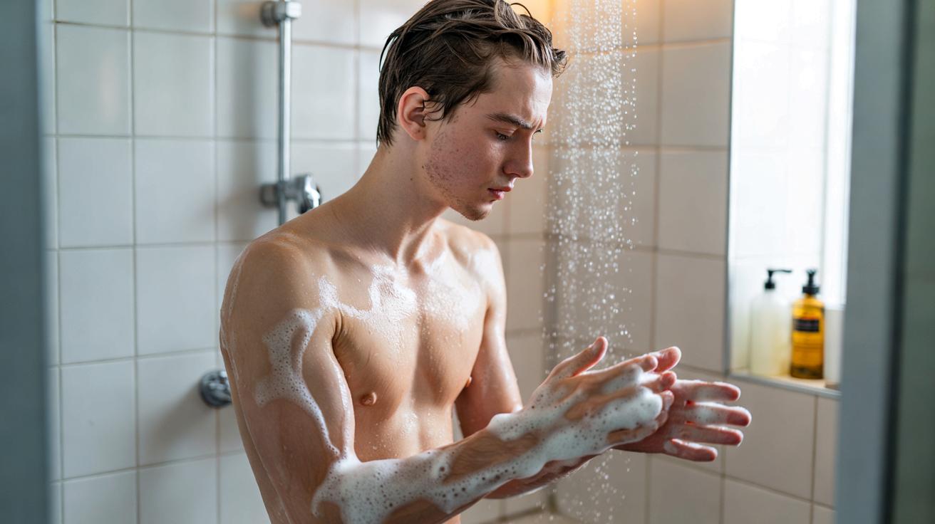 Illustration montrant une femme sous une douche avec de l'eau tiède, se lavant délicatement sans excès de mousse, symbolisant la bonne hygiène cutanée