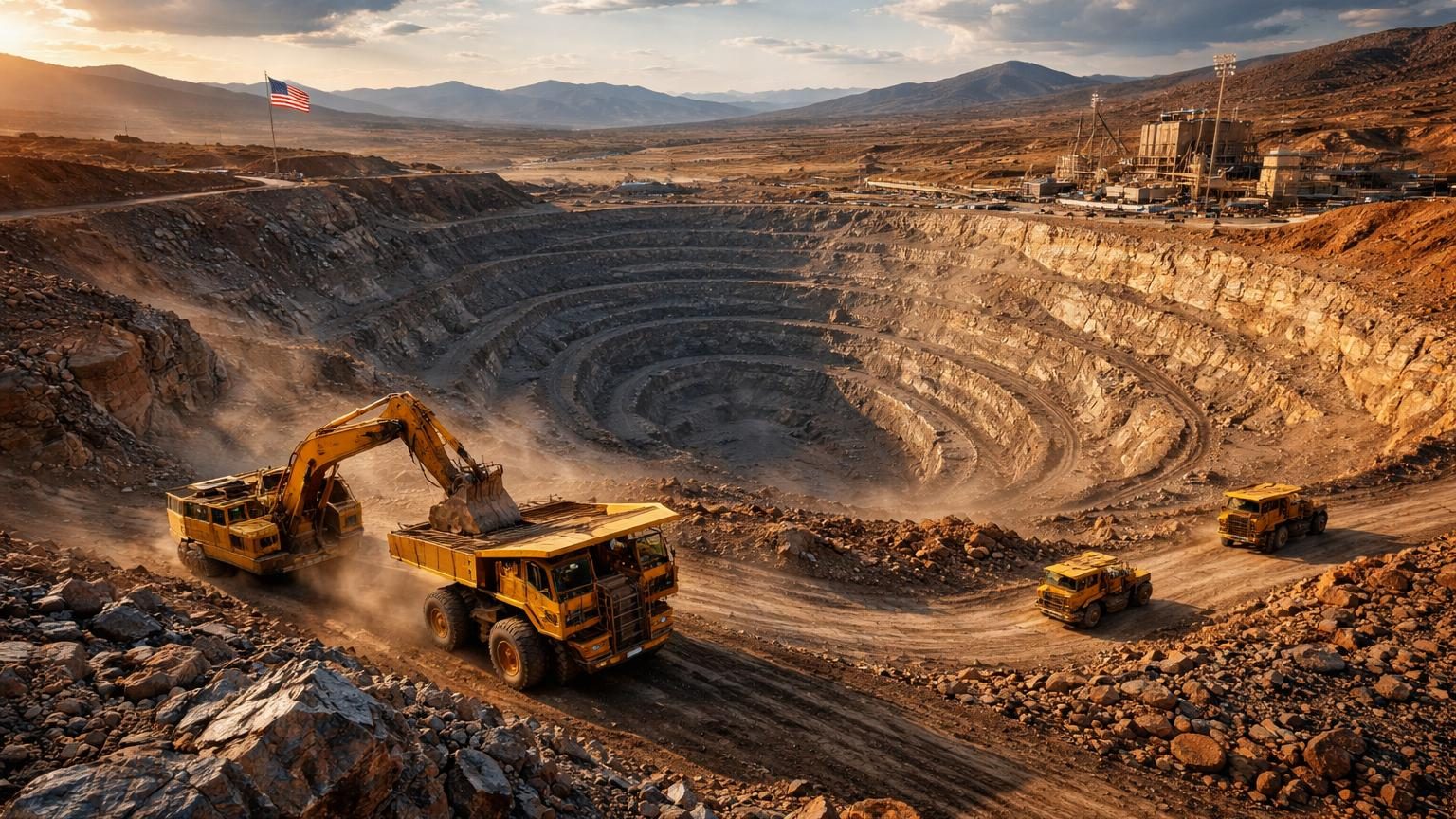 Vue aérienne d'une mine à ciel ouvert avec des excavateurs travaillant sur un gisement de minerai, symbolisant l'extraction industrielle du tungstène.