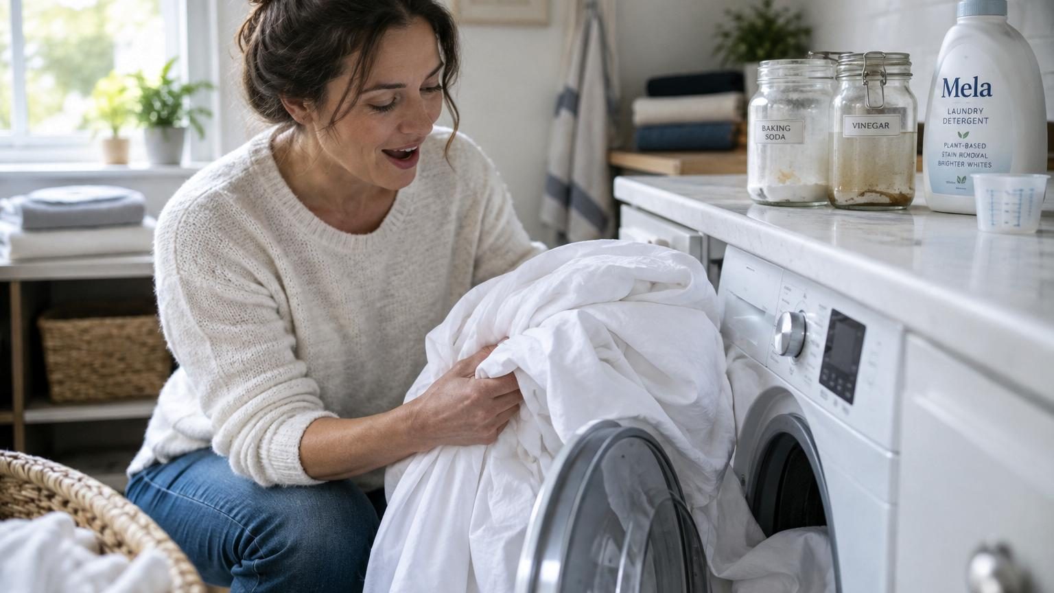 Draps blancs fraîchement lavés posés sur un lit, illustrant le résultat de l'utilisation du percarbonate de sodium pour retrouver leur blancheur d'origine.