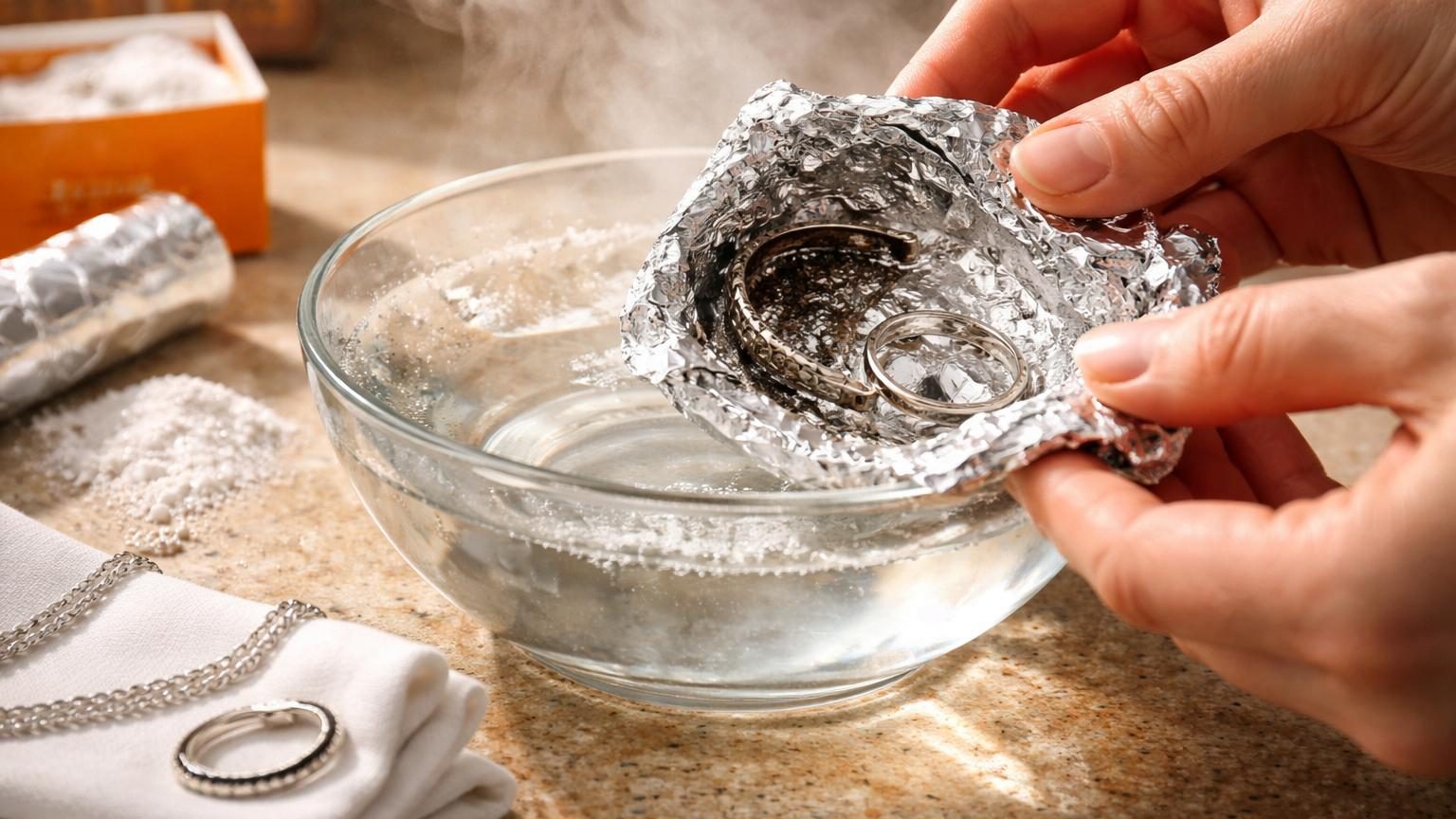 Bijou en argent brillant placé dans du papier aluminium avec du bicarbonate et de l'eau chaude pour un nettoyage efficace