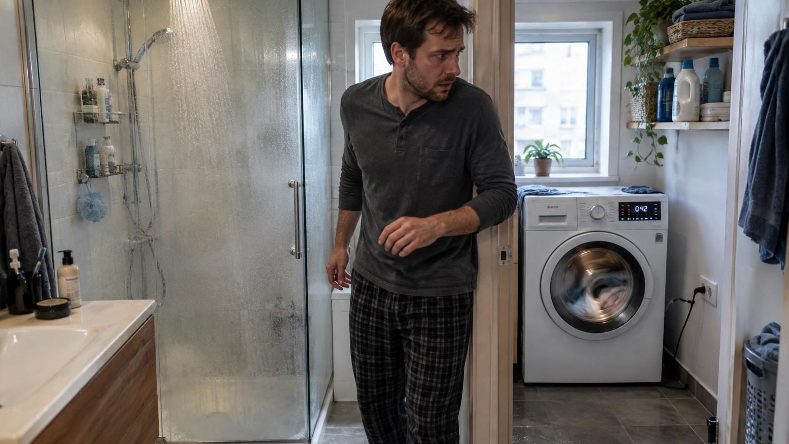 Une salle de bains avec une douche en fonctionnement et un lave-linge dans la pièce adjacente symbolisant le risque d'électrocution domestique.