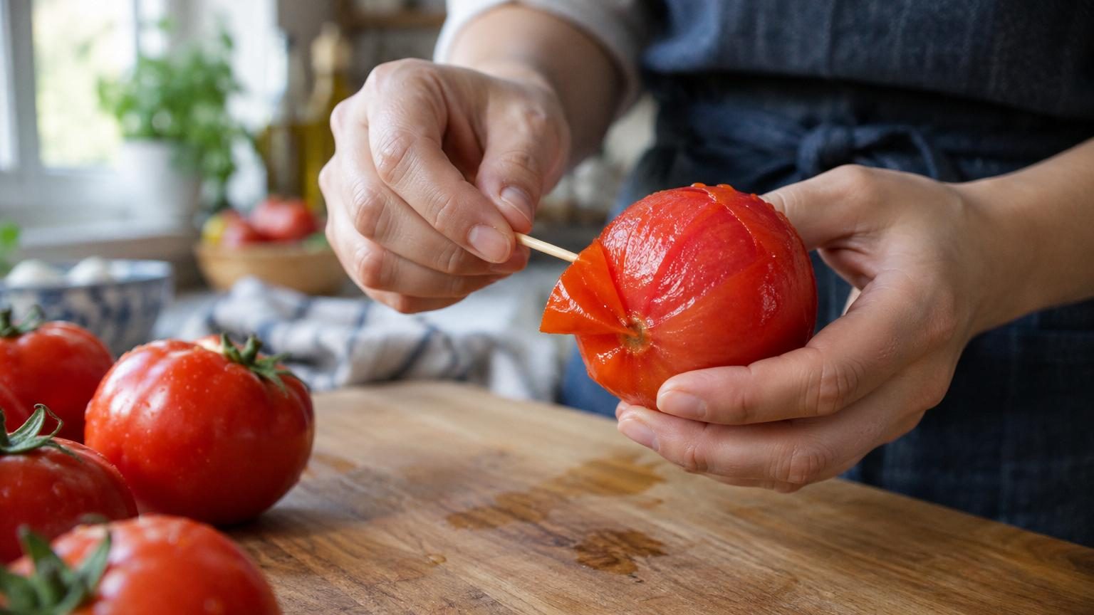 Une main tenant un cure-dent frotte délicatement la surface d'une tomate rouge bien mûre en mouvements répétés pour assouplir sa peau.