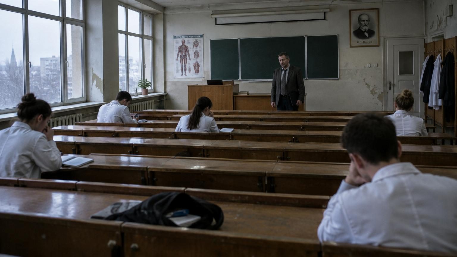 Amphithéâtre vide d'une faculté de médecine russe avec quelques places occupées, symbolisant l'exode des jeunes médecins