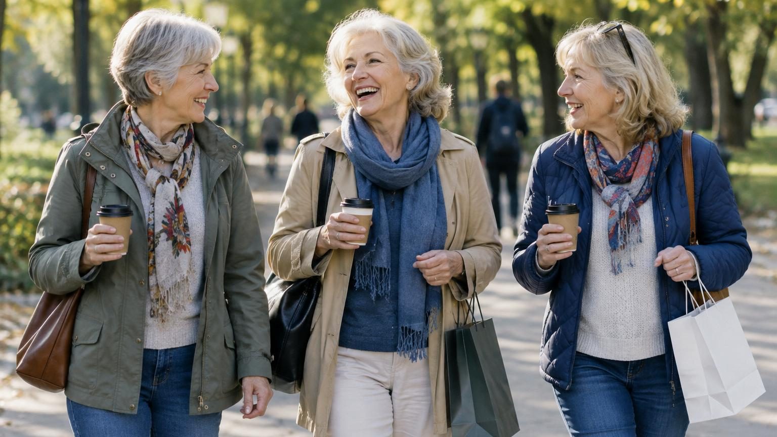 Femme septuagénaire souriante seule chez elle, entourée d'éléments de confort et d'indépendance: livre, café, vue apaisante
