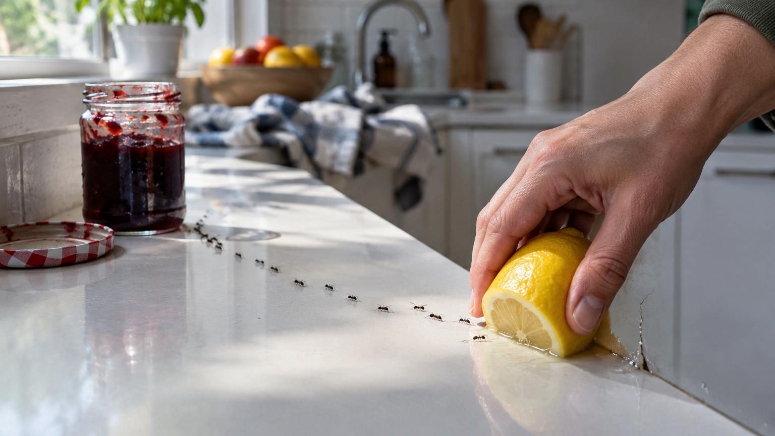 Colonie de fourmis noires formant une ligne organisée sur un plan de travail de cuisine blanc près d'un pot de confiture