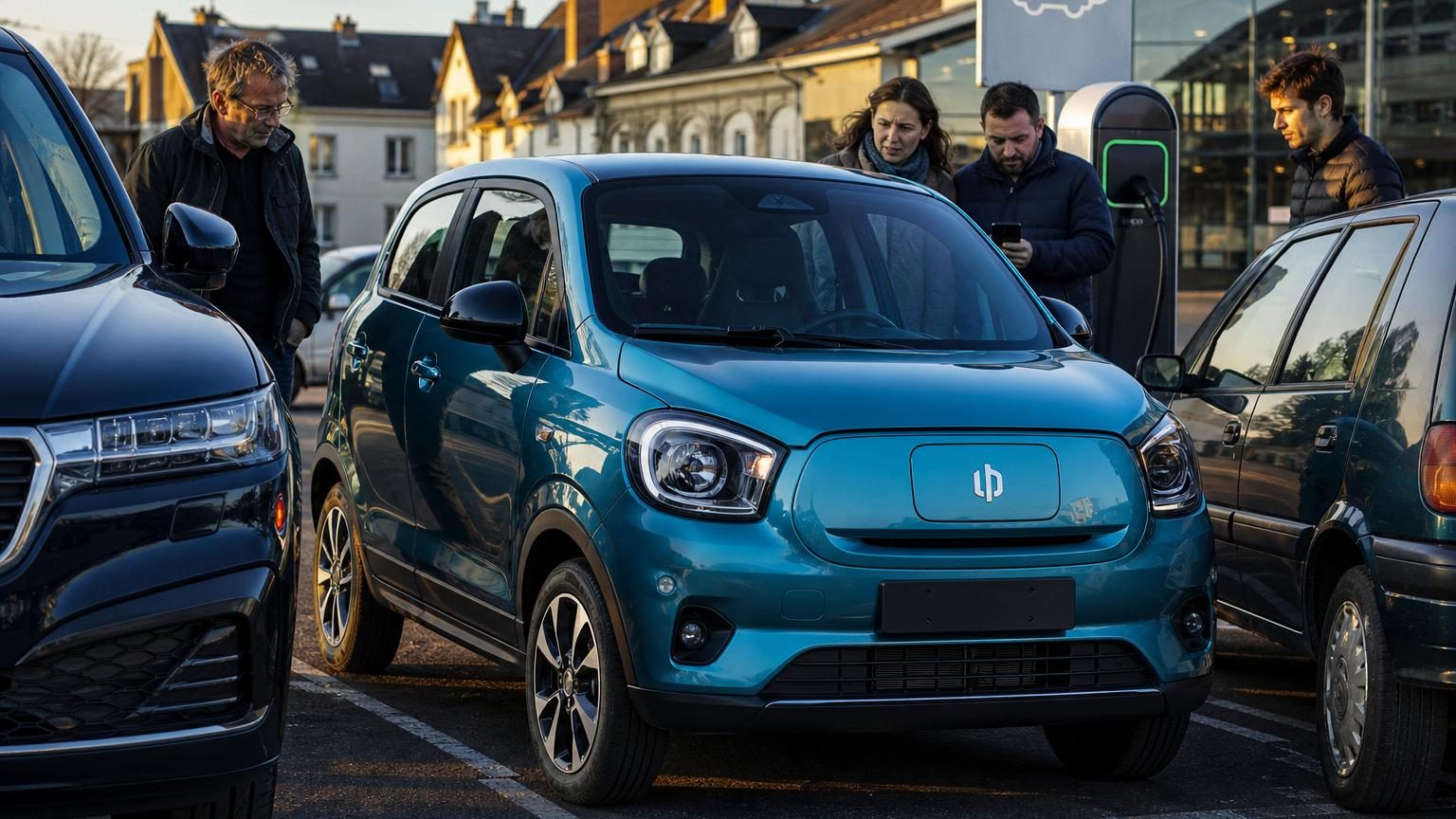 Une petite citadine carrée aux couleurs discrètes garée sur un parking de supermarché, entre un SUV familial et une vieille voiture thermique.