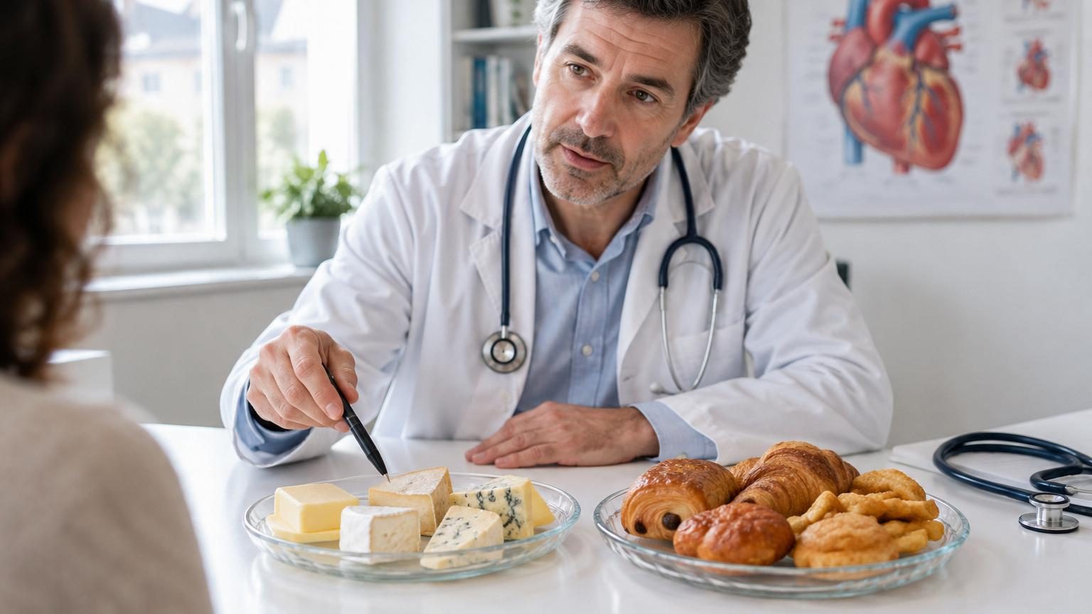 Assortiment de produits laitiers incluant beurre, fromage et lait sur une surface blanche, illustrant les sources naturelles de graisses trans laitières