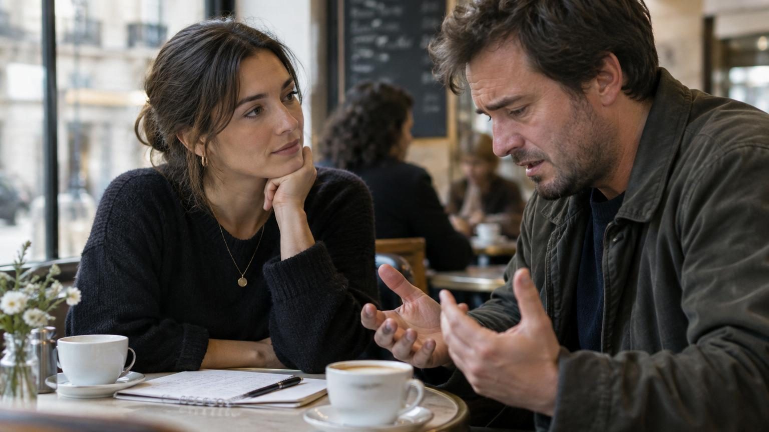 Couple assis face à face en conversation, la femme gesticulant d'un air préoccupé tandis que l'homme semble détourner le regard, illustrant un déséquilibre émotionnel dans la relation.
