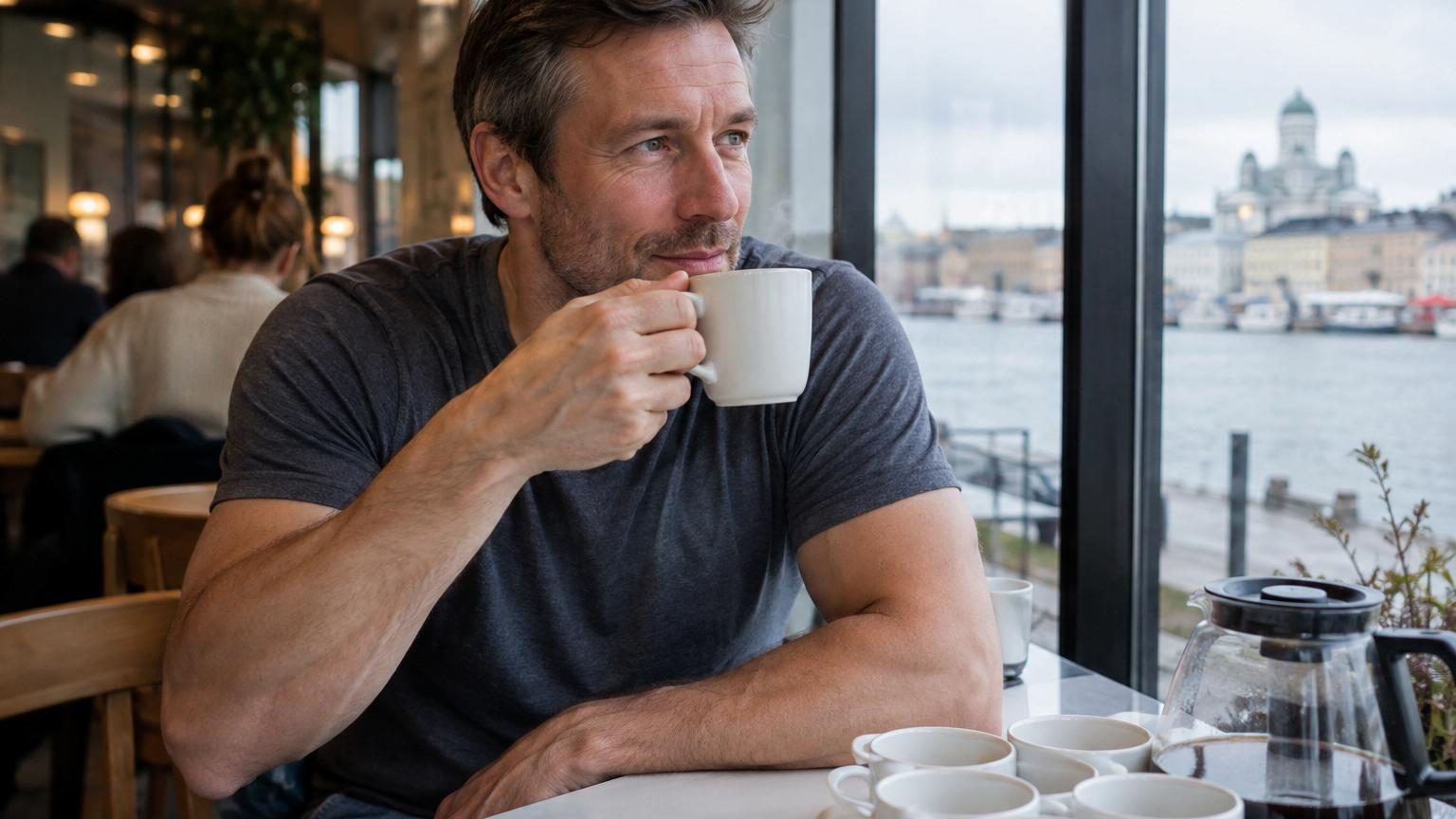 Tasse de café fumant sur une table avec des grains de café éparpillés autour, représentant la consommation quotidienne de café.
