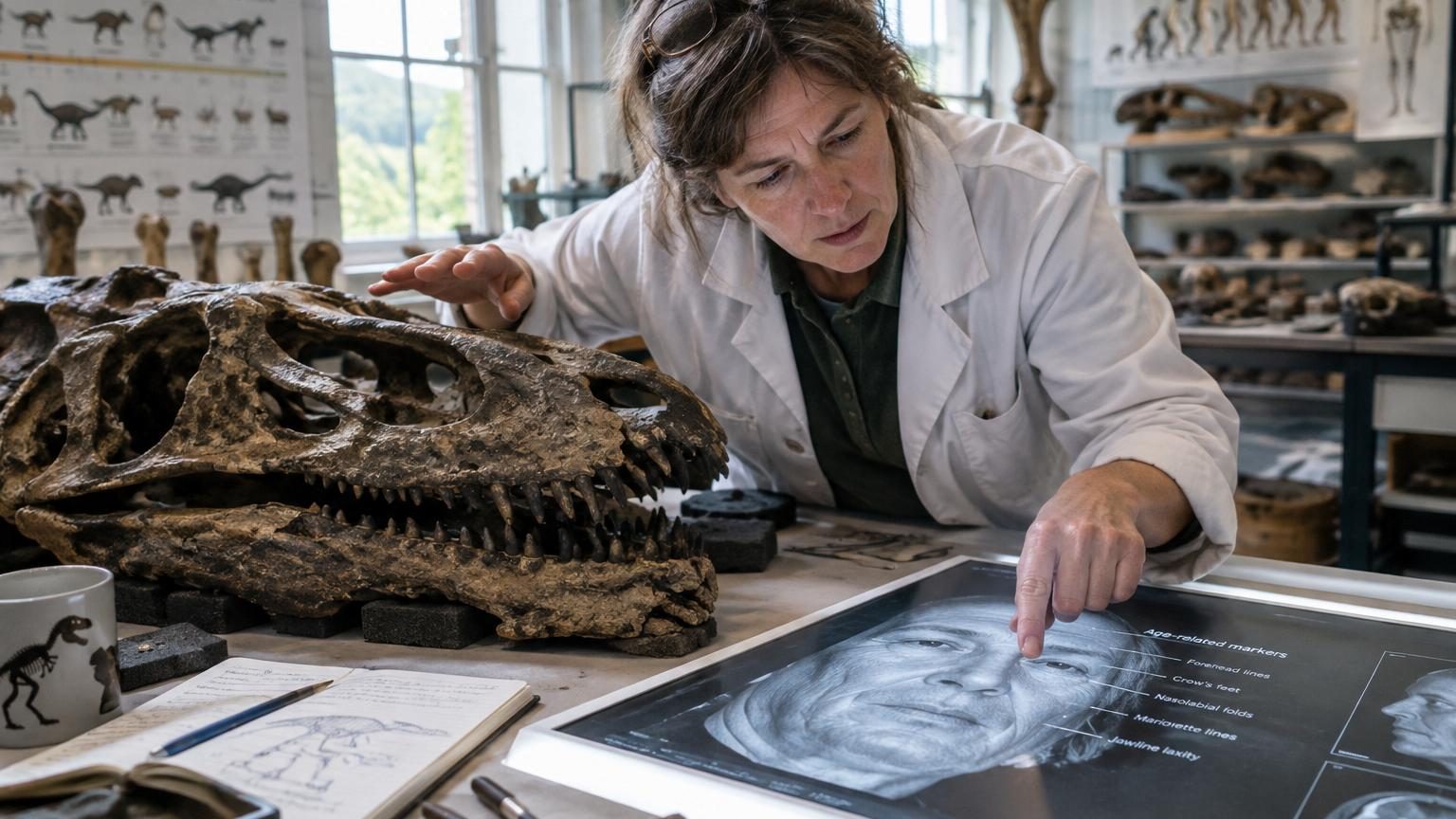 Illustration montrant l'évolution des mammifères primitifs cachés sous les dinosaures, avec une représentation de molécules d'ADN et de cellules en arrière-plan pour symboliser l'héritage génétique.