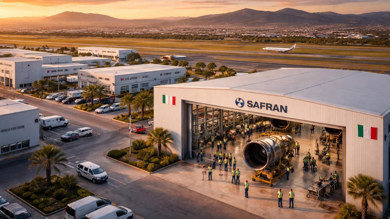 Vue aérienne d'usines et de hangars d'aéronautique alignés sur un plateau industriel à Querétaro, au Mexique, représentant l'écosystème construit par Safran et les industriels français.