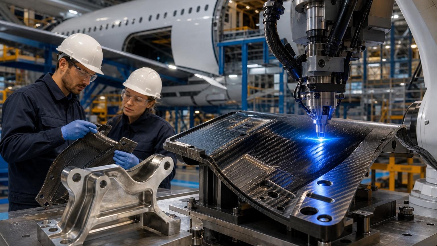 Un avion sur le tarmac avec mise en évidence de pièces composites thermoplastiques allégées, symboles d'innovation industrielle française en aéronautique