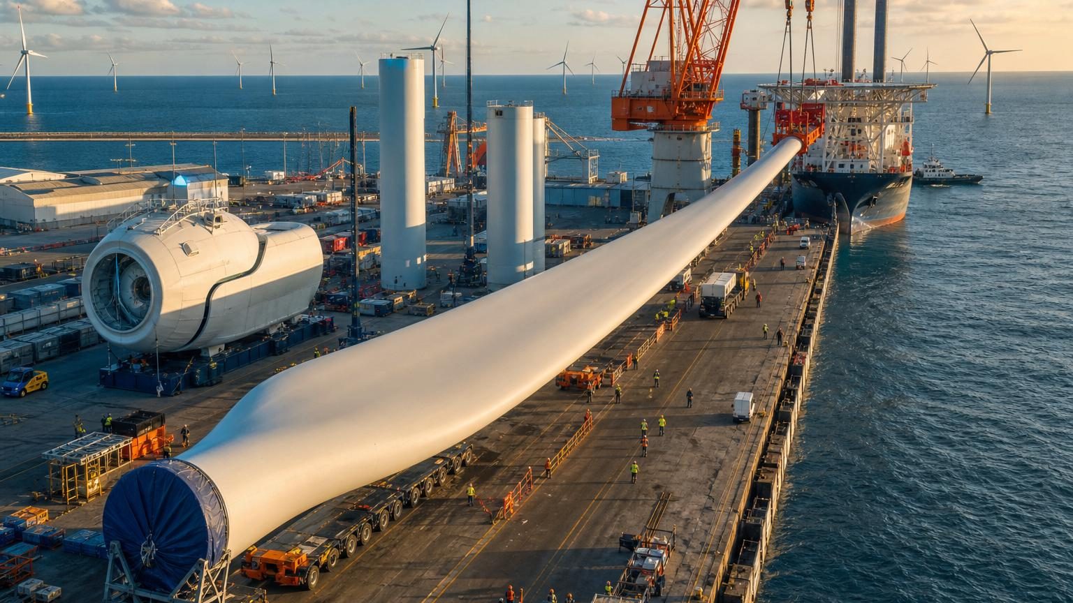 Sur un port industriel, d'immenses pales blanches de plus de 100 mètres dépassent les hangars et les structures métalliques, aux côtés de petits camions et grues qui paraissent minuscules.