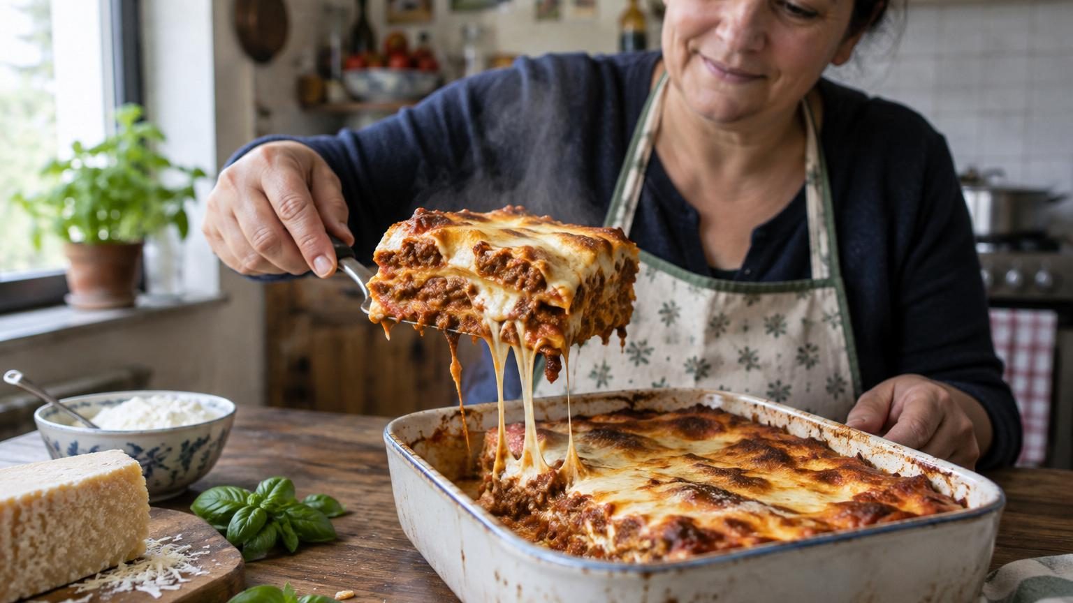 Lasagnes gratinées au four avec couches de pâte, sauce à la viande et crème au mascarpone, garnies de fromage fondu doré.