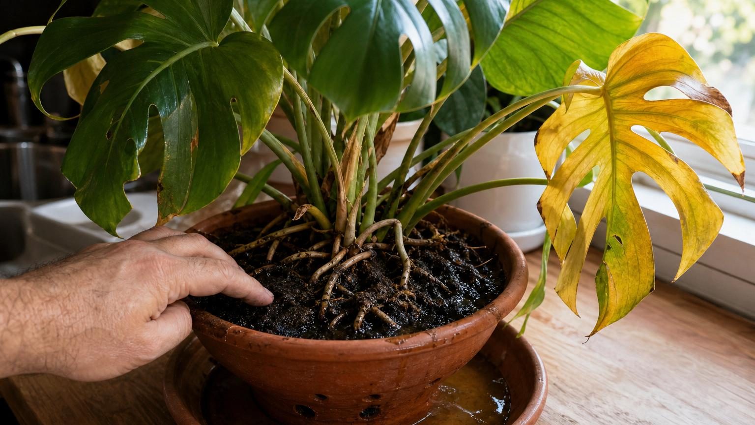 Plante d'intérieur aux feuilles jaunissantes posée sur un rebord de fenêtre avec une soucoupe remplie d'eau stagnante dessous, illustrant le problème de surhumidité.