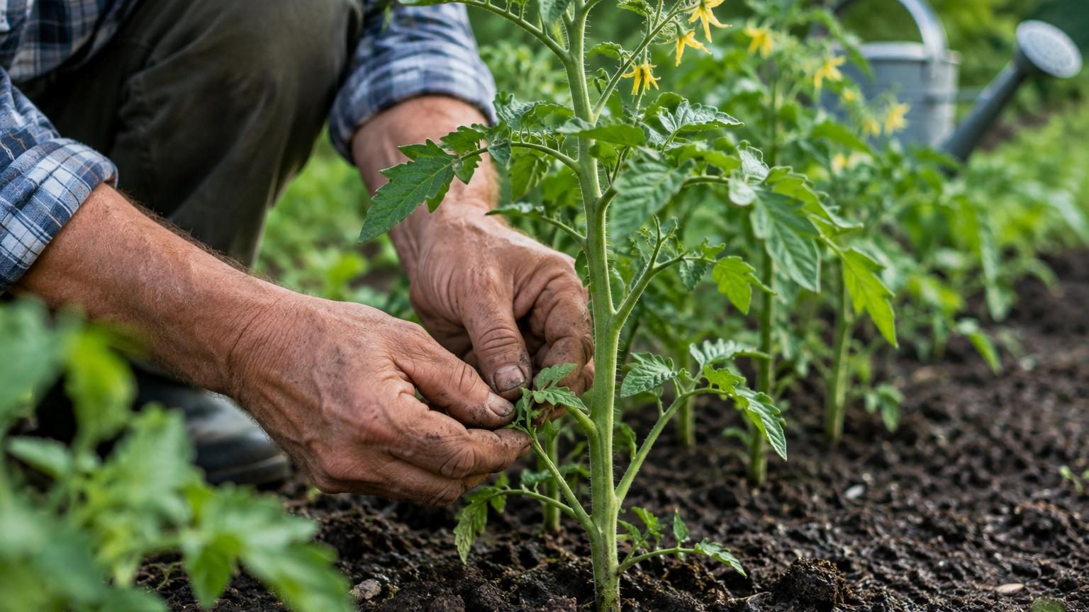 Pied de tomate protégé par une épaisse couche de paillis marron, avec la tige dégagée, dans un jardin potager au soleil