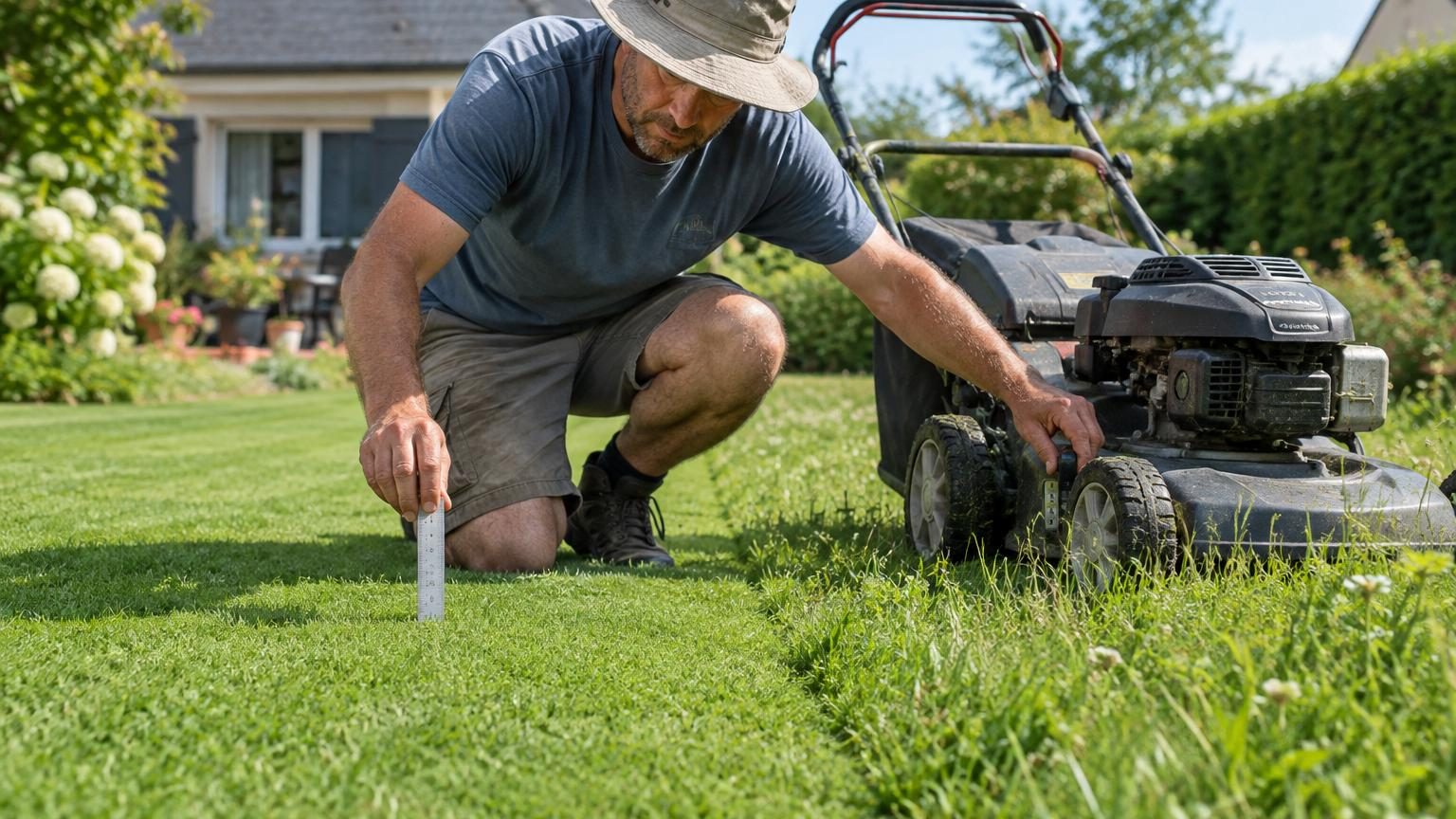 Gros plan sur une tondeuse réglée à une hauteur de coupe optimale avec un gazon vert, dense et bien entretenu en arrière-plan sous un ciel ensoleillé.