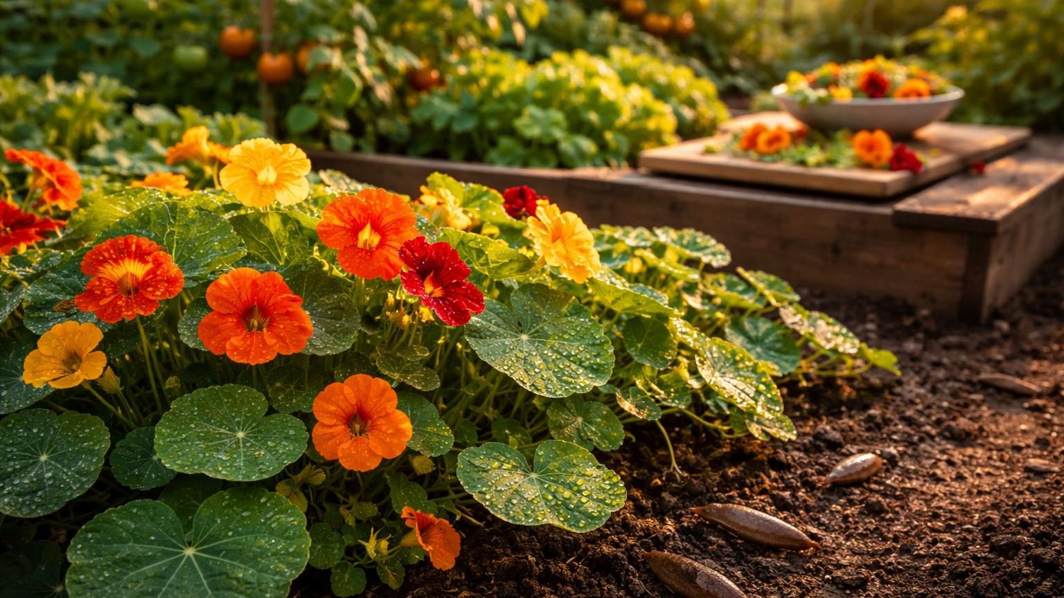 Fleurs colorées de capucine jaune, orange et rouge au cœur d'un feuillage vert luxuriant au potager.