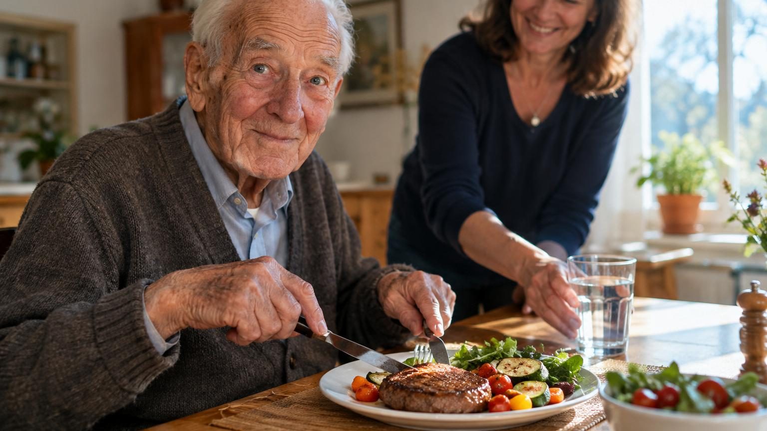 Assiette équilibrée pour senior avec portions de viande, légumes frais, fruits et produits laitiers, illustrant une alimentation variée adaptée aux personnes âgées