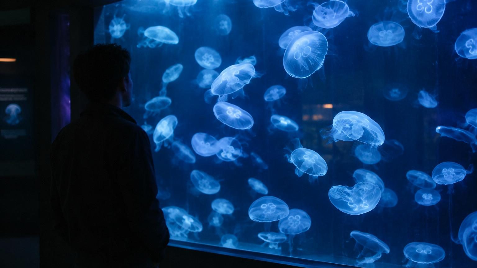 Méduse translucide flottant dans l'eau avec ses tentacules, symbolisant le sommeil réparateur chez les animaux primitifs.