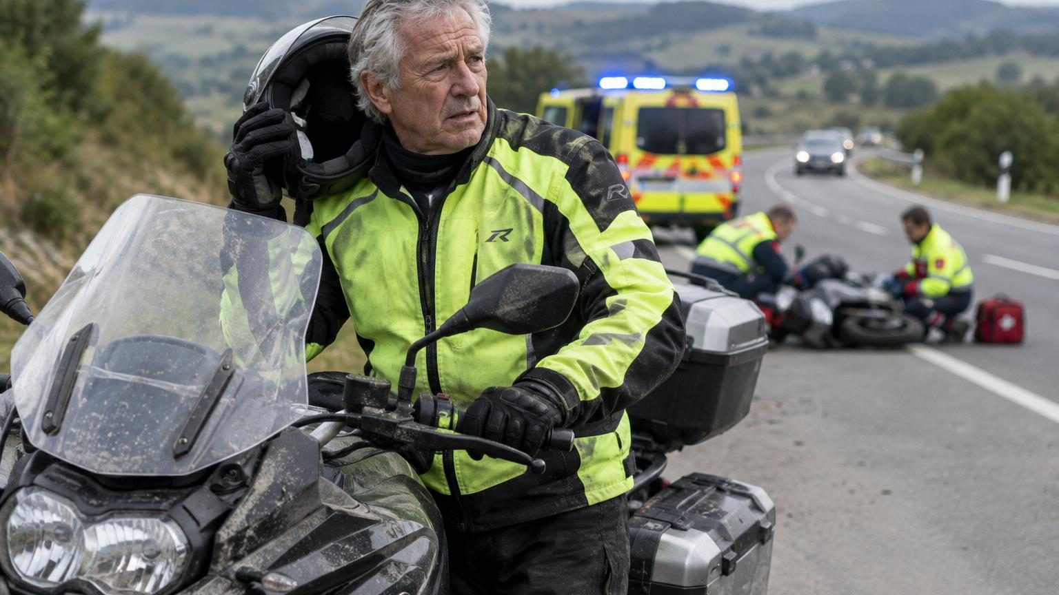 Couple de motards seniors retirant leurs casques après une balade à moto, échangeant un regard complice sur une route de montagne par beau temps.