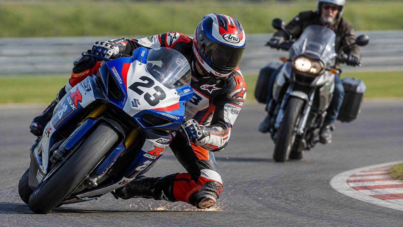 Motard en combinaison de cuir posant le genou au sol dans un virage à grande vitesse, frôlant l'asphalte avec le slider de protection visible sur le genou.