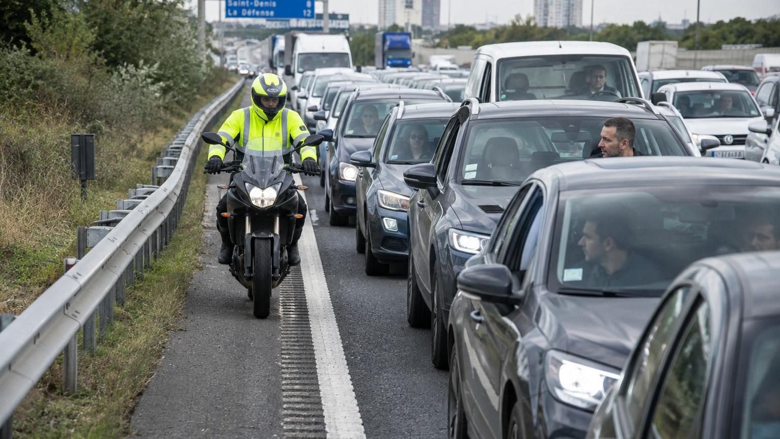 Motocyclette circulant sur la bande d'arrêt d'urgence d'une autoroute embouteillée avec des voitures immobilisées en arrière-plan.
